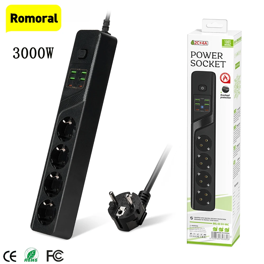 3000W 6 USB Power Strip Type-C EU 4AC Outlets Multipriser Extension Socket 2M Cable Portable European Plug Charger