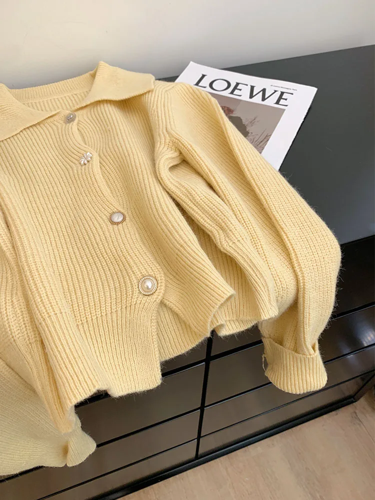 French Elegant Beige Knitted Cardigans Peter Pan Collar Chic Office Lady Pullover Single Breasted Lantern Sleeve Autumn Winter