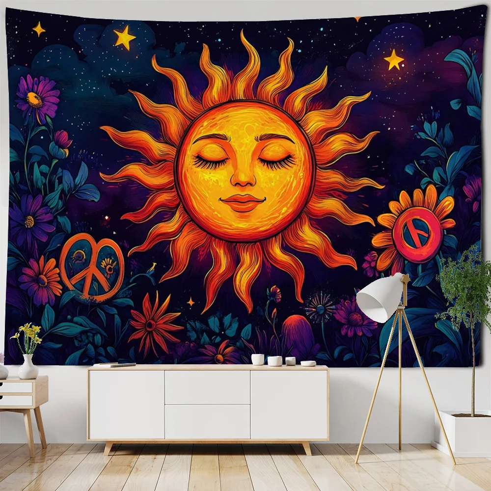 Sun Moon Tapestry Mandala Black and White Wall Hanging Cloth Tarot Cards Hippie Wall Carpet Home Art Decoration Tablecloth