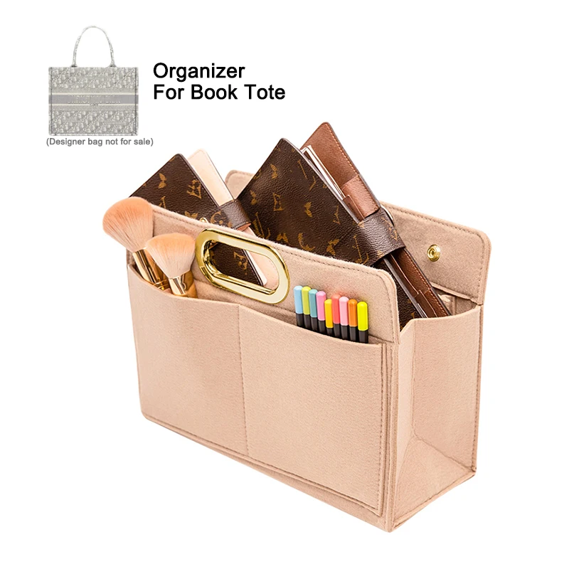 Fit Book Tote Bag Purse Organizer Insert, Felt Bag Liner with Golden Handle, Handbag & Tote Shaper, For Dio Book Tote