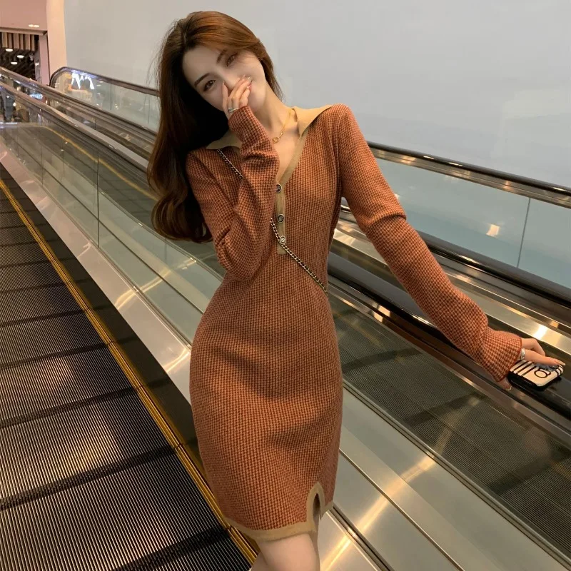 فستان محبوك لخريف وشتاء 2025 فستان جديد قصير بأكمام طويلة على الطراز الفرنسي نحيف غير رسمي مناسب لجميع المباريات #2