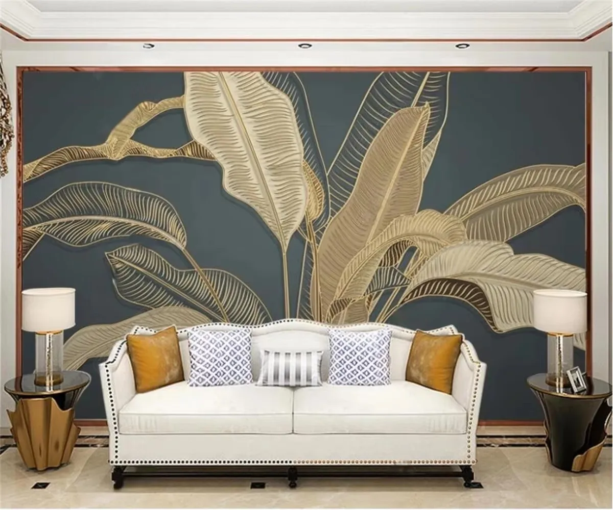 Wallpaper Grand banana leaves Light gold line relief murals TV sofa Hotel background wall decoration 3D wallpaper papier peint