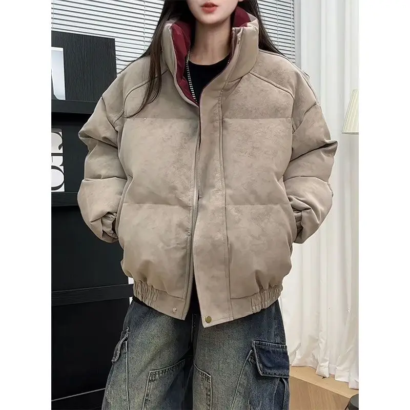 

American Sle Matte Leather Jaet Men's Winter Thiened Color Blo Stand Collar Cotton Coat Cleanfit Couple Matching Brea...