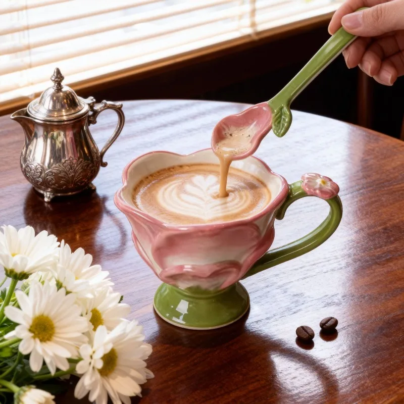 High Aesthetic Underglaze Hand-Painted Lotus Ceramic Coffee Cup with Spoon,Creative Petal Design Flower Mug,Artisan Drinkware Se