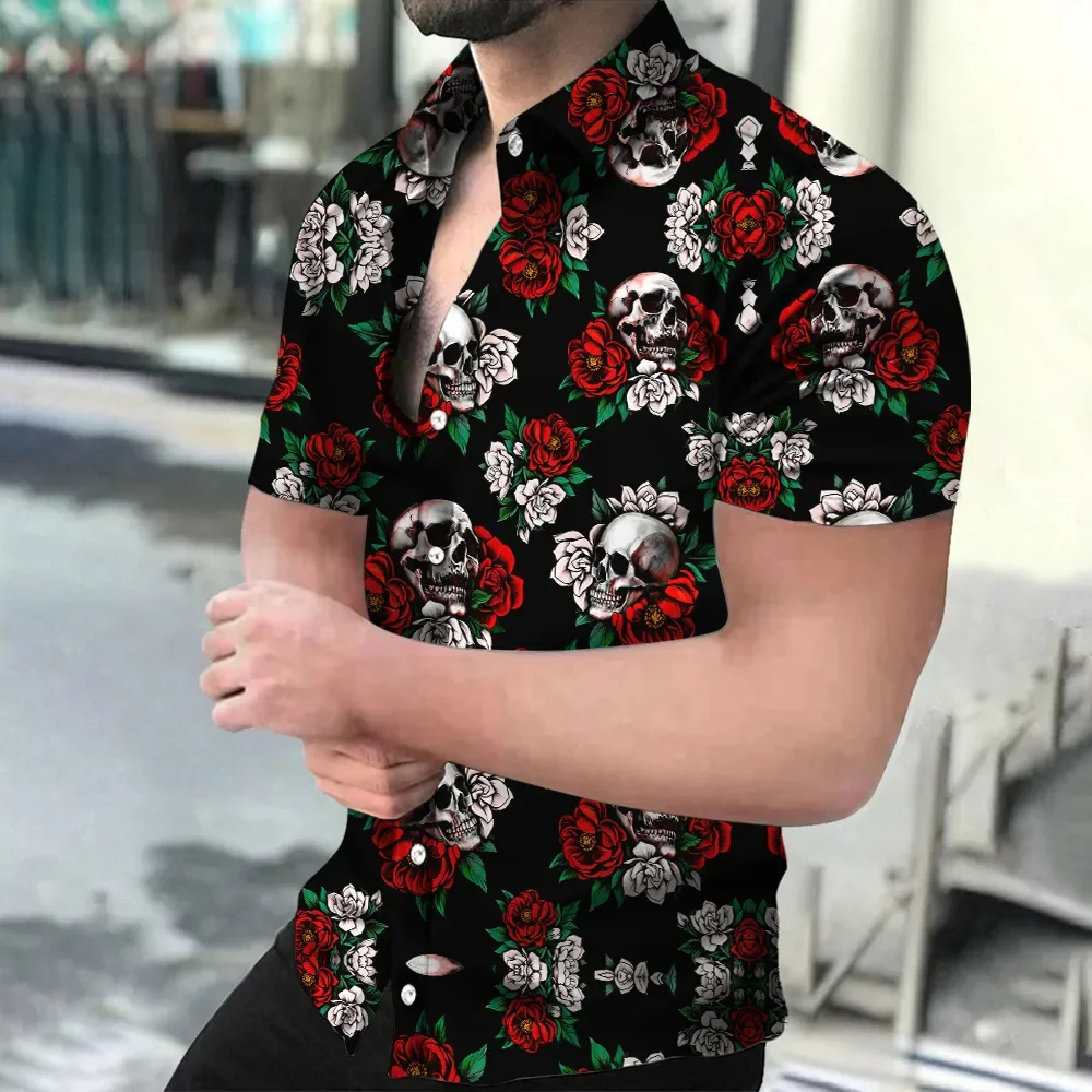 Summer Men\'s Shirts Hawaiian Shirt Skull Graphic 3D Printing Outdoor Street Short Sleeves Men Fashion Clothing Tops Streetwear