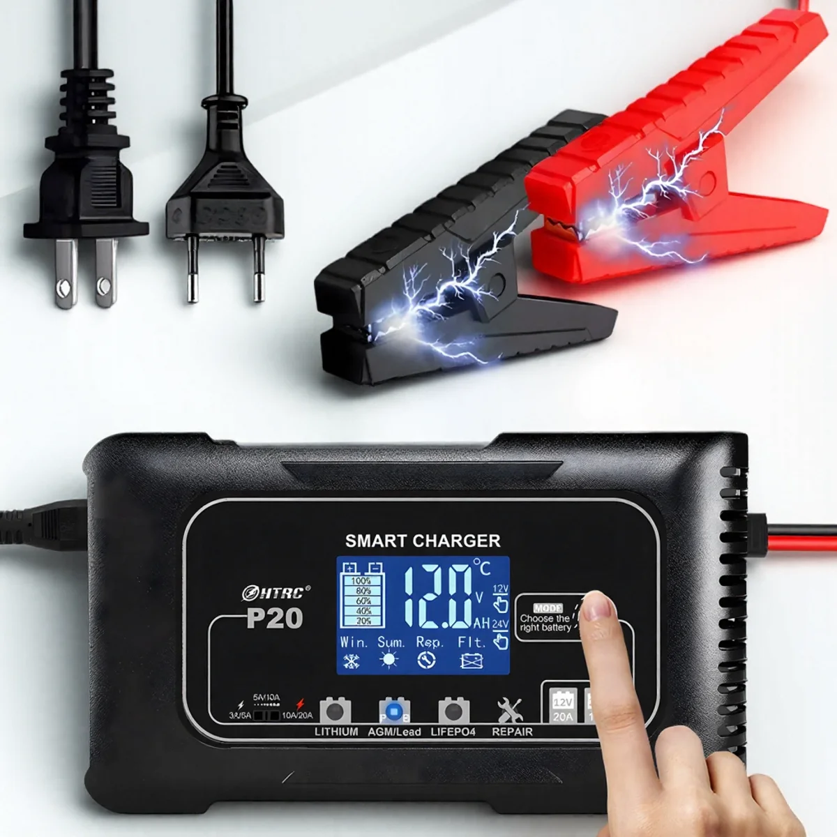 Smart Battery Charger 12V 24V Temperature Adaptive 3 Level Current Multiple Protections for Lead Acid AGM LiFePO4 Batteries