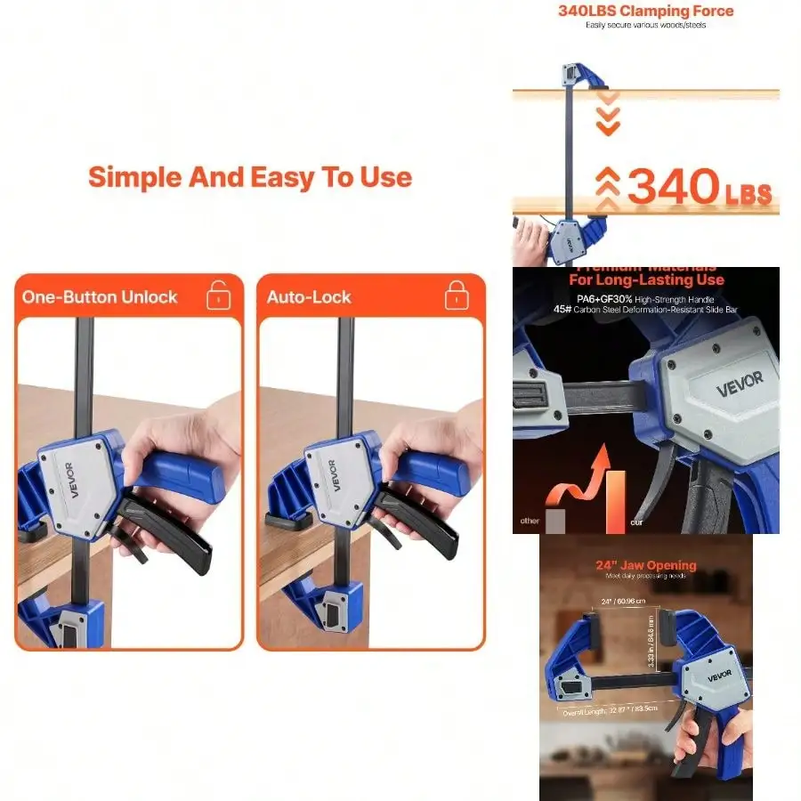 

Bar Clamps Woodworking, 2-Pack 24 Inch One-Handed Clamp/Spreader, Quick-Grip F-Clamp With 340 Lbs Load Limit, Premium Plastic An