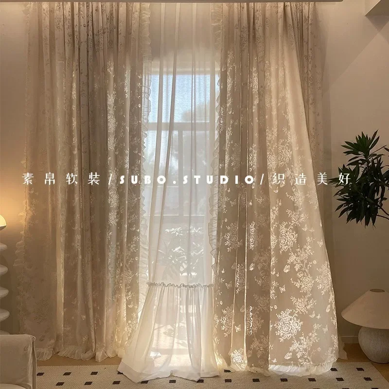 

French Butterfly Gauze Beige Retro Light and Shadow Screen Window Gauze Curtain Girl Dream Skirt Curtain Customization