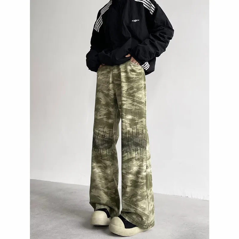 Cyber Y2K-pantalones vaqueros acampanados holgados de camuflaje para hombre, ropa recta Harajuku, pantalones largos informales a la moda, 2024