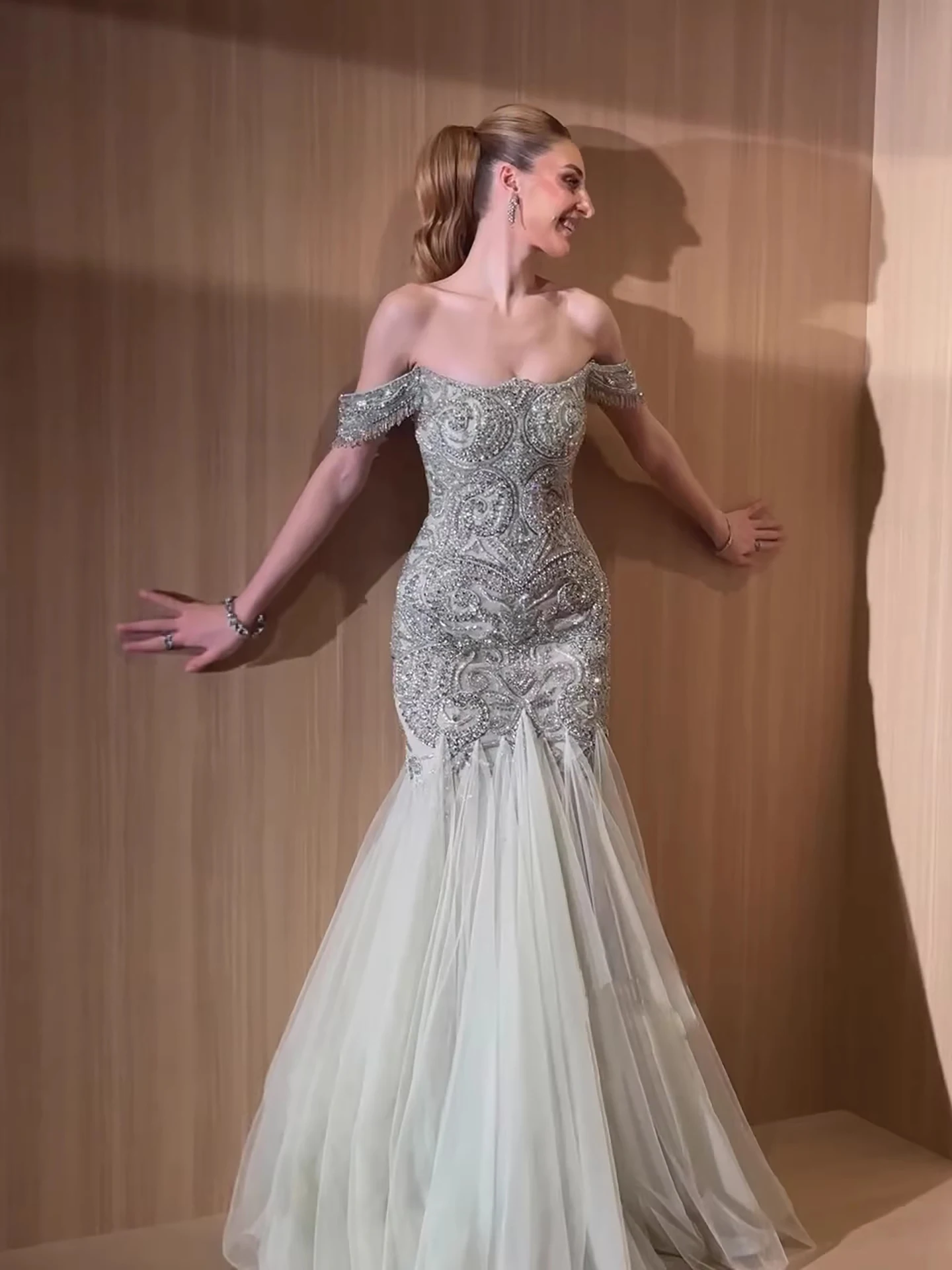 Sage Green Beaded Off-Shoulder Mermaid Evening Dress