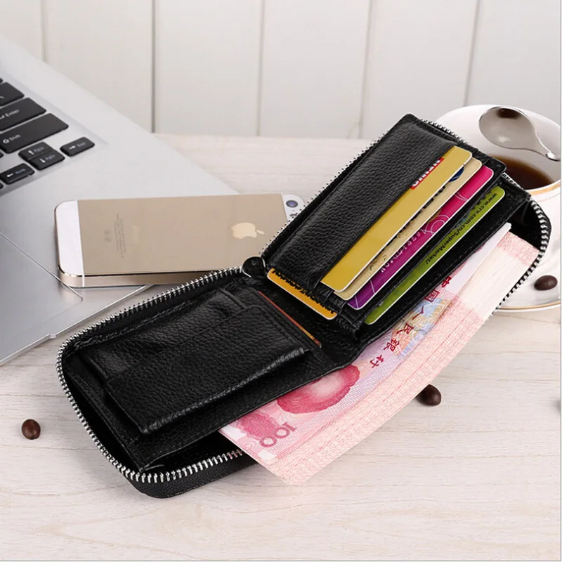 Genuine Leather Men's Short Wallet Retro Casual Crazy Horse Leather Wallet Black Zipper Change Card Bag