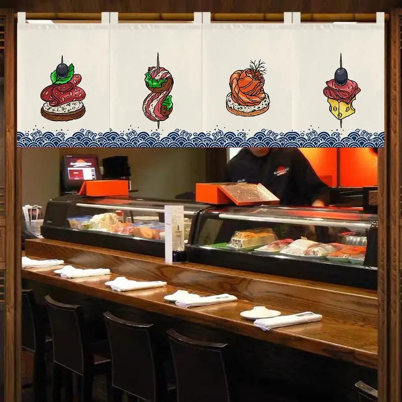 VIKAMA Yakiniku Beef Noren Curtain, Wagyu Steak Skewer Grill Fire Blue Wave Print Short Banner for Japanese Bar Decor