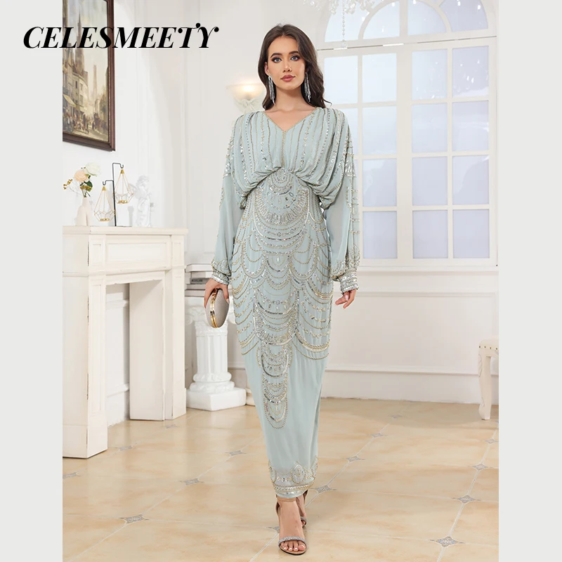 Luxurious Royal-Style Computerized Sequin Beaded Embroidery Prom Evening Dress Elegant Chiffon Batwing Sleeve Dress