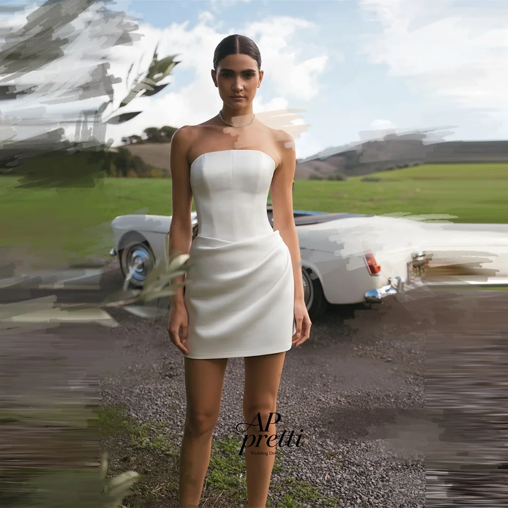 AP pretti Sweet Satin Wedding Dress Strapless Customized Sleeveless Sheath Mini-Length Bridal Gown Robe De Mariée 2026 Simple