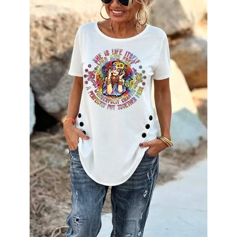 ilstile Women's Hippie Flower Print T-Shirts Summer Short Sleeve Casual Loose Round Neck Tops Tees White