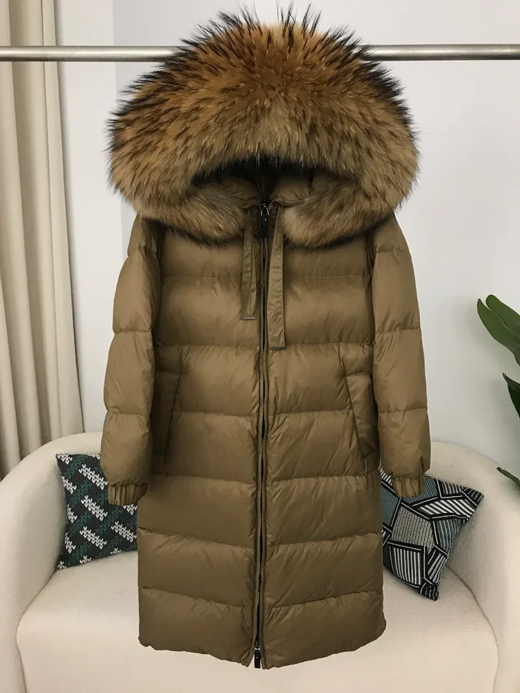 2025 المرأة الأبيض بطة أسفل الإناث معطف دافئ سميك ريال الراكون الثعلب الفراء طوق مقنعين سترة طويلة Winte ملابس خارجية فاخرة