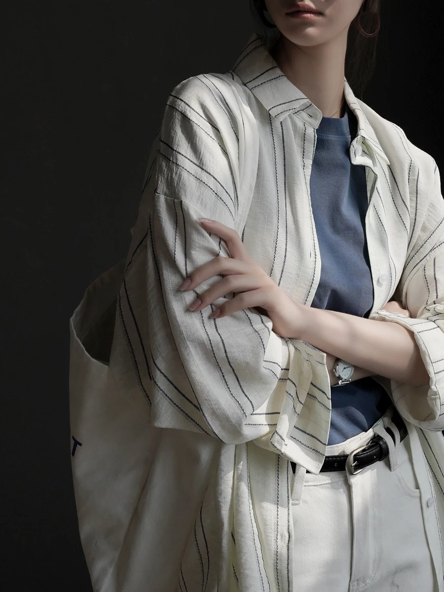 

Warmo Loose Shirt Coat 2026 Spring Summer New Style Lyocell Draping Sun Protection Stripe Pattern Women's Casual Button up Top