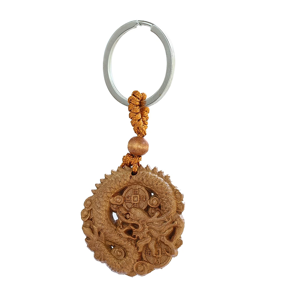 Chinese Dragon Peach Wood Keychain Intricate Hand-Carved Symbol of Outdoor Power Strength Luck Feng Shui Accessory for Bag Car