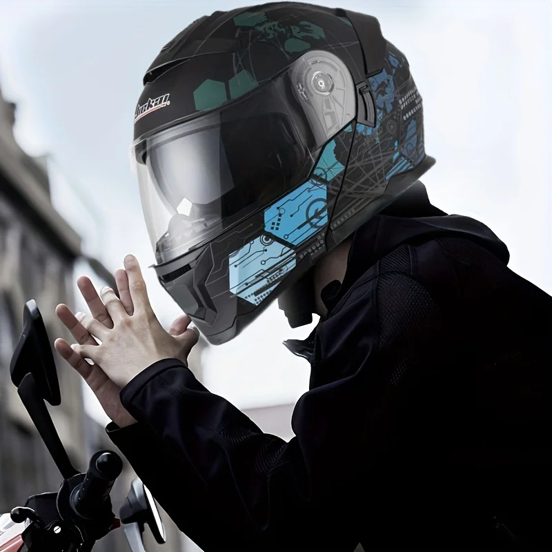

Full-Face Motorcycle Helmet with Dual Visors, Adjustable Strap, ABS Material, Black & Teal Geometric Design