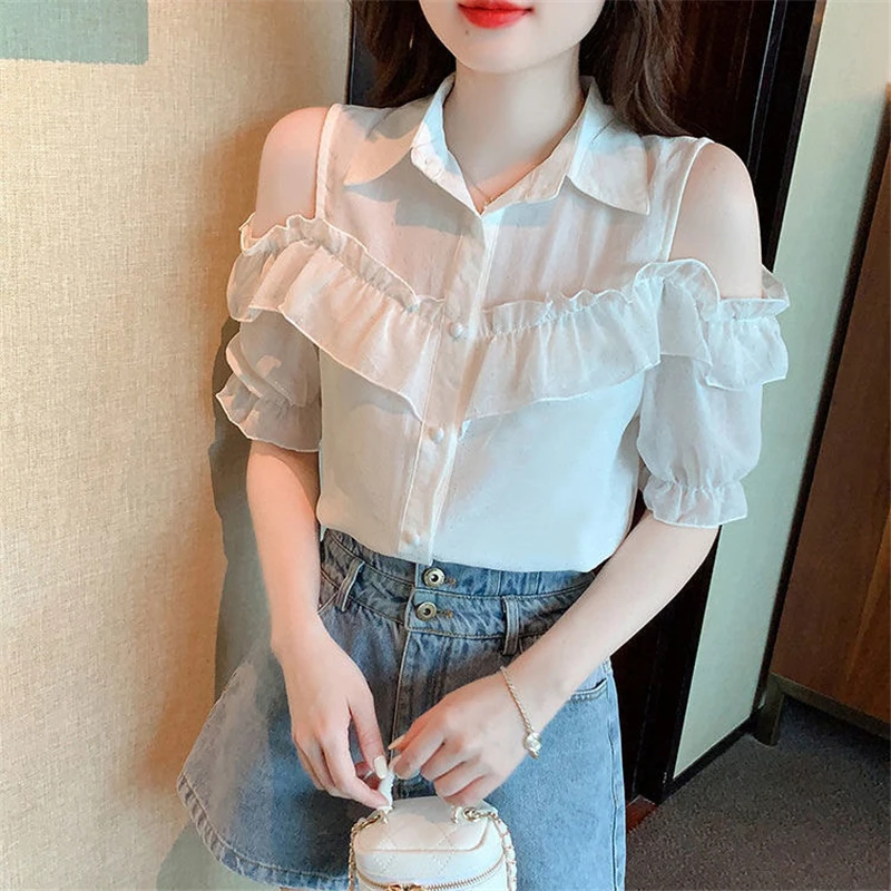 Women Ruffle Sexy Off Shoulder Chic Sweet Shirts Summer Korean Style Lapel Short Sleeve Blouses Solid Elegant Chiffon Tops Blusa