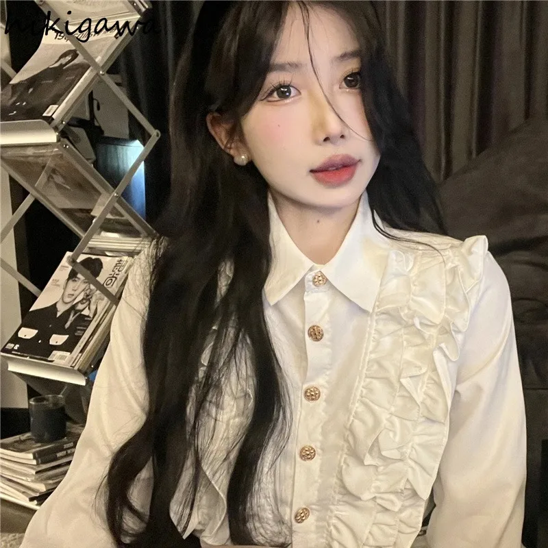 Long Sleeve White Blouse Women 2024 Blusas Mujer De Moda Single Breasted Ruffles Blouses Tops Vintage Korean Chic Summer Shirts