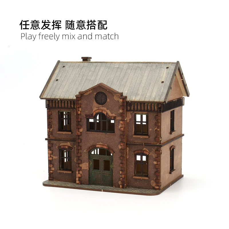 โมเดลอาคารสำนักงานสองชั้นสไตล์ยุโรป ขนาด 1/72 ทำจากไม้ ประกอบเอง ของขวัญงานฝีมือ DIY