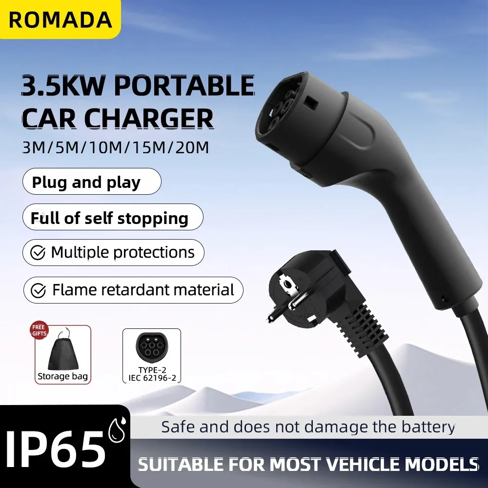 Portable 3.5KW 16A EV Charger 3M 5M 10M 15M 20M Cable Type2 IEC62196 EVSE EU Plug Wallbox Adapter For Electric Vehicle