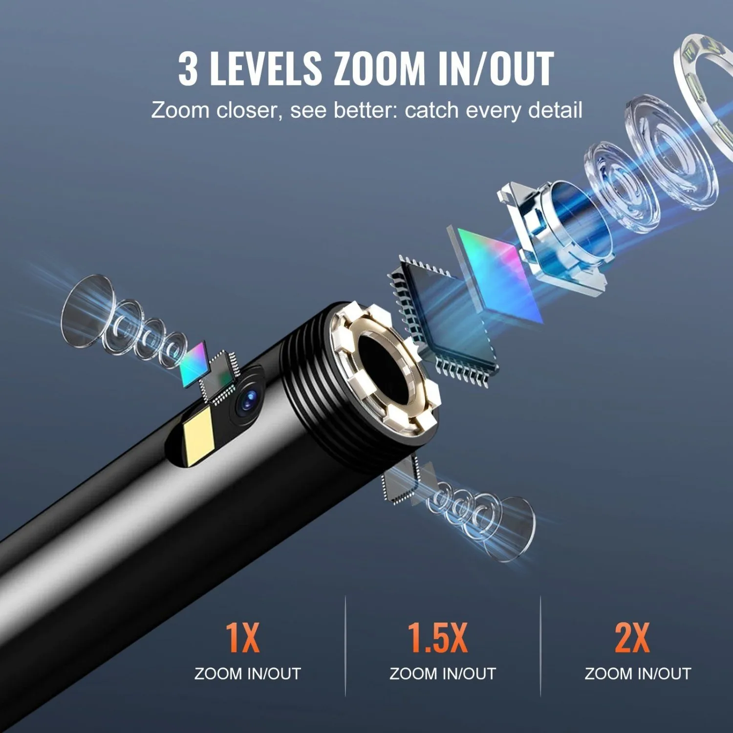 كاميرا المنظار ثلاثية العدسات - شاشة IPS مقاس 5 بوصات، كابل شبه صلب بطول 49.2 قدم، IP67 مقاومة للماء لفحص السيارات/السباكة/HVAC