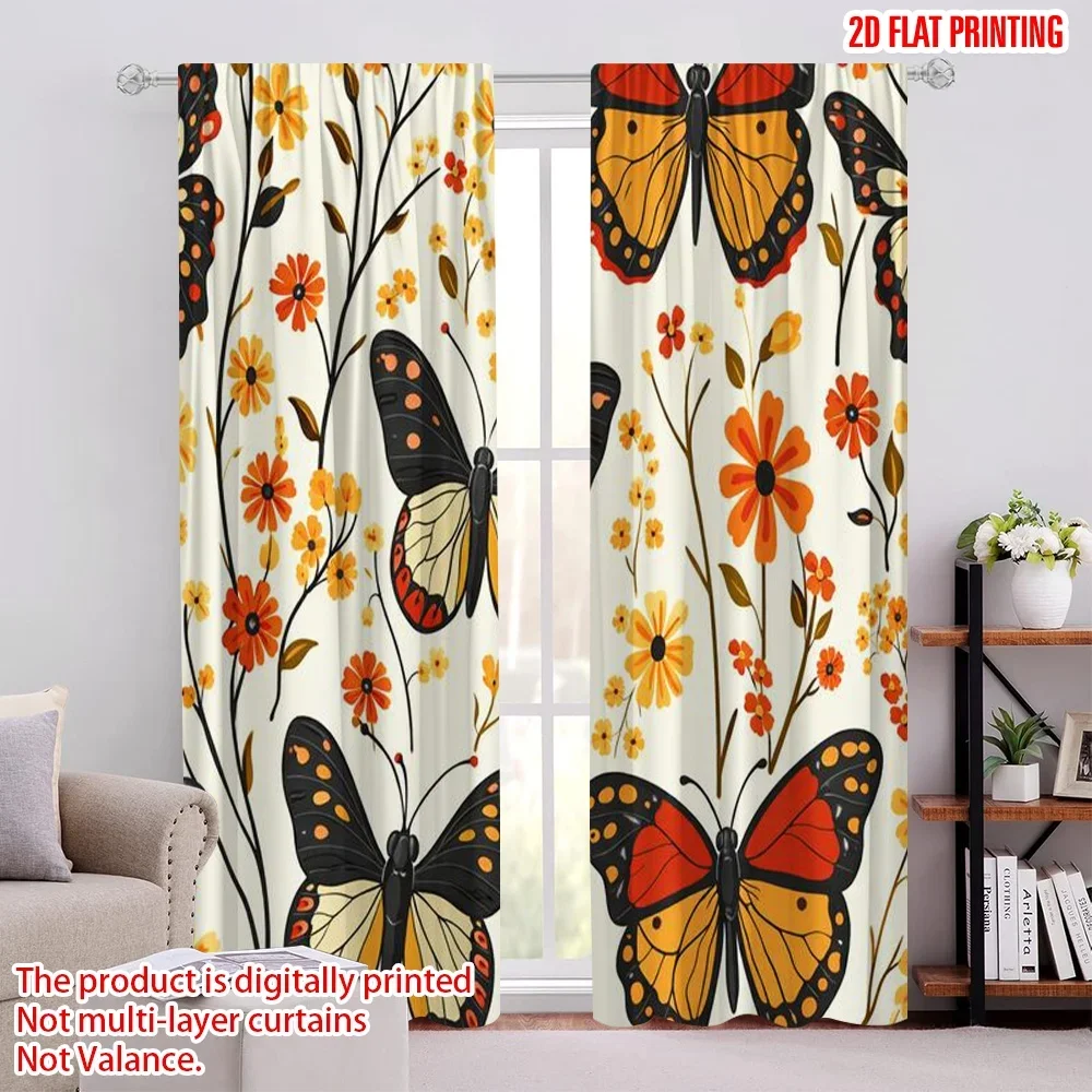 2PCS Butterfly Floral Pattern Curtains Set for Living Room and Bedroom Window Decor Botanical Bohemian Style Curtains Panel Pair