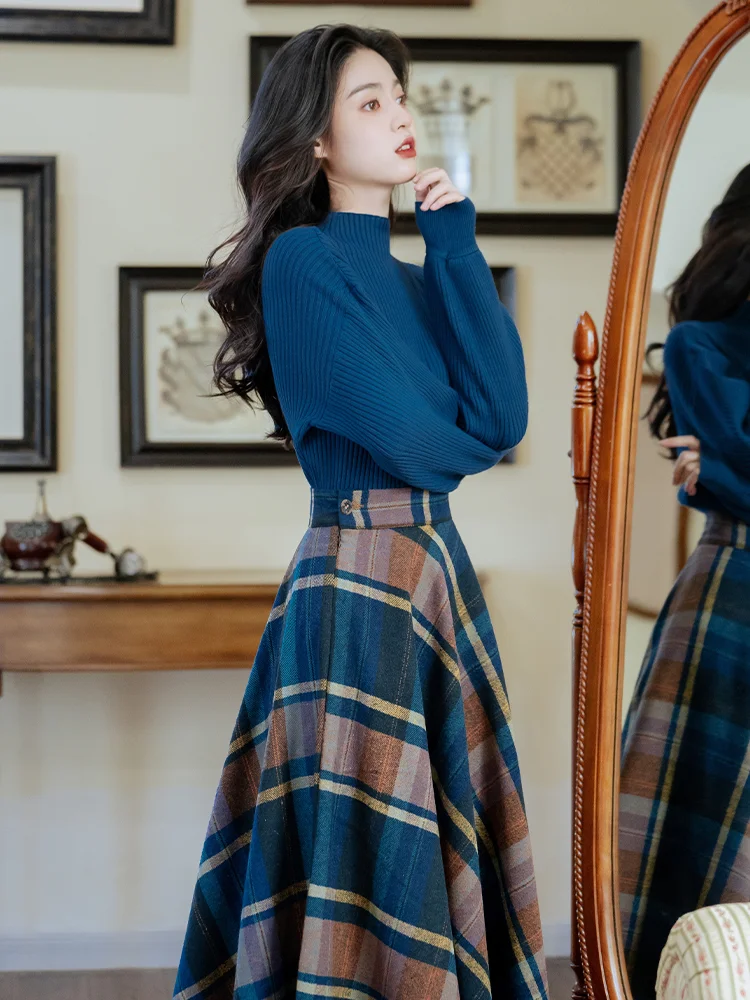 Hebe Style Vintage Women's Two-Piece Set Autumn Winter Elegant Ladylike High-End Feelings Sweater Skirt Ensemble Warmth
