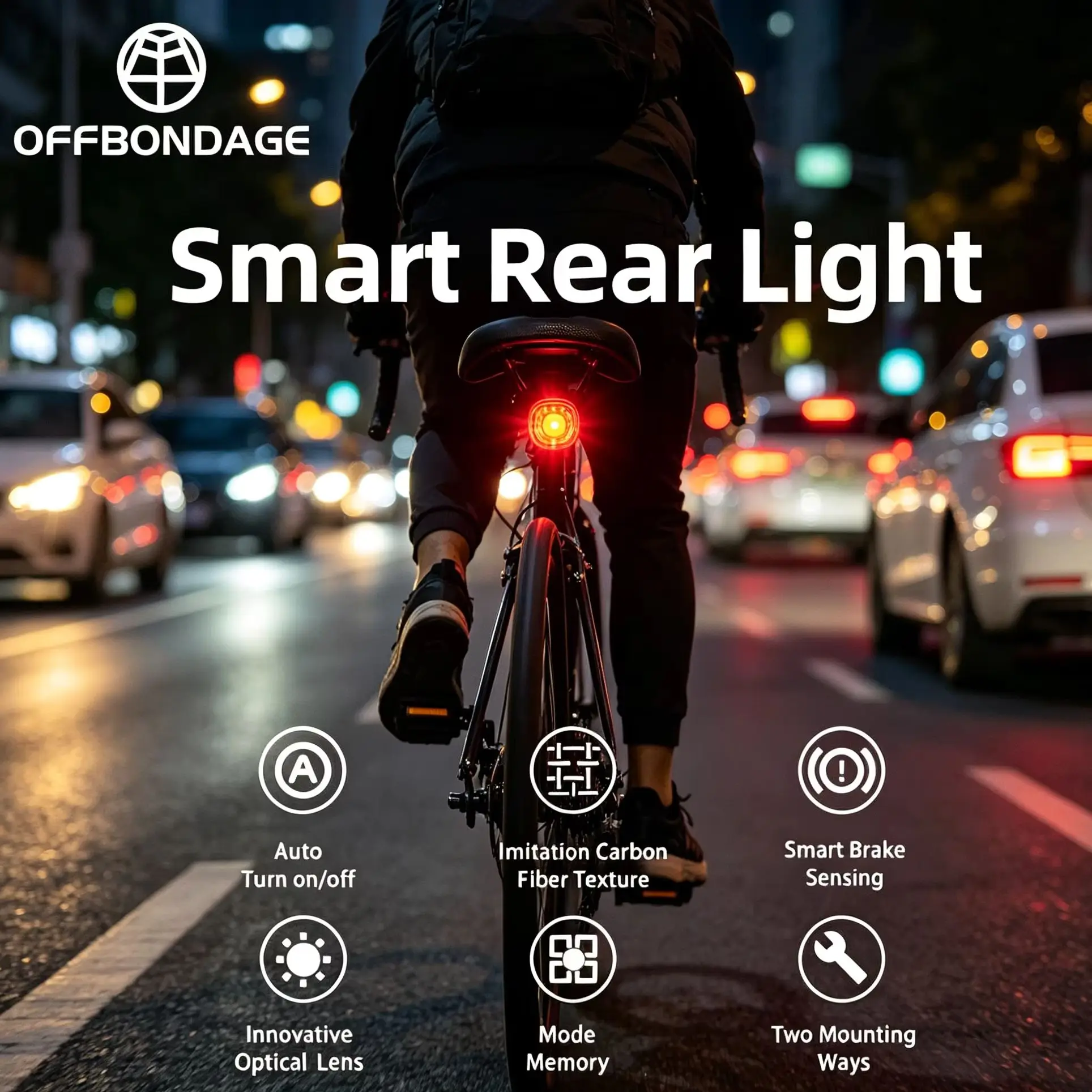 OffBONDAGE-luz de freio inteligente bicicleta, IPx6 lanterna traseira, tipo-c bicicleta cauda luz traseira, parada automática LED, equitação aviso, ciclismo