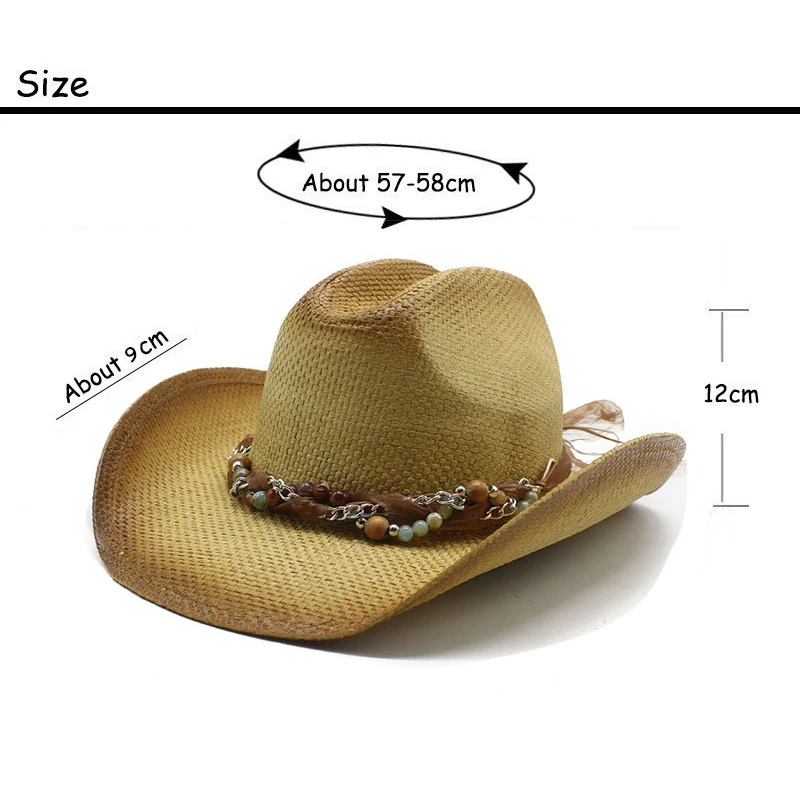 Summer Unisex Straw Sun Hat with Lace Tie Vintage Design Wide Brim Beach Cowboy Hat for Men and Women 57-58cm