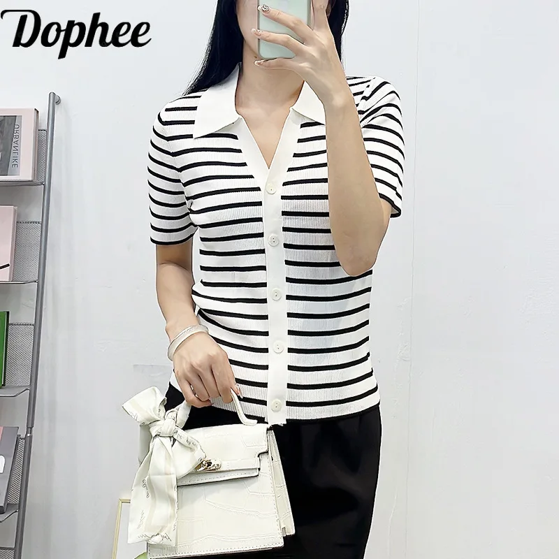 

Dophee 2024 New Summer Cool Short Sleeve Knitted T-shirt Colorblock Stripes Turn-down Collar Slim Basic Top Cardigans Sweater