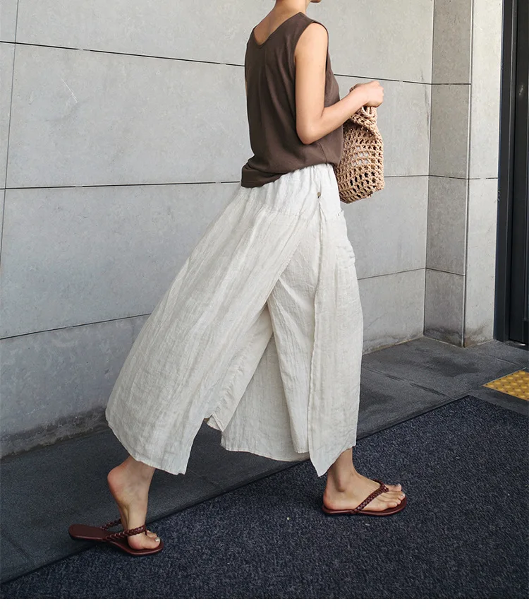 Spring Summer Two-piece Spliced Skirt Pant Women Cotton Linen Slacks Wide-leg Cropped Pants Female Mom Long Skirts for Women