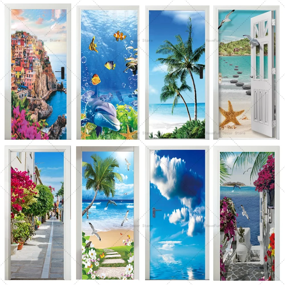 

3D Seaside Island Scenery Mural Customized Door Sticker Poster Bedroom Decoration Self-adhesive Paper Door Cover