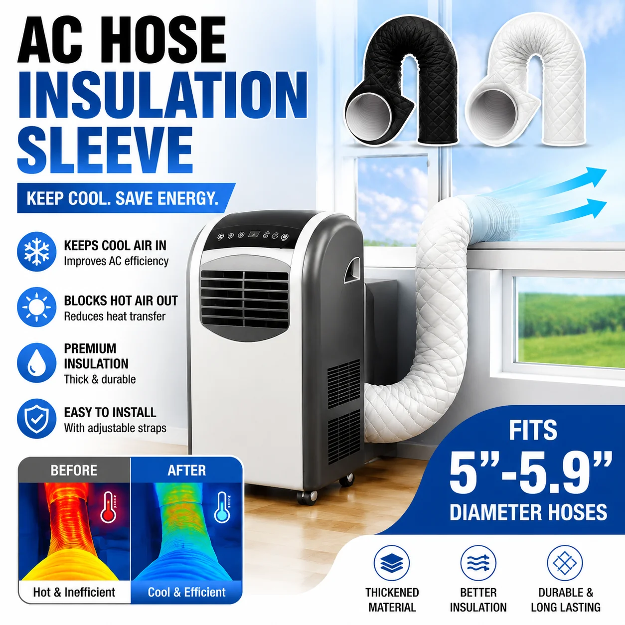 Portable Air Conditioner Hose Insulation Sleeve 5-5.9 Inch Exhaust Pipe Cover Thickened Quilted Thermal Insulation Jacket with T