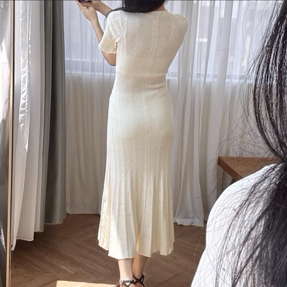 White Hollow Knitted Dress Women 2024 Summer Temperament Short Sleeve Elegant Slim Bodycon Party Dress