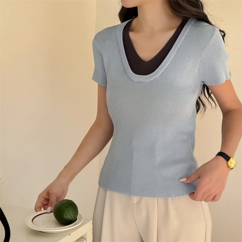 

Color Block V-neck Short Sleeve Knit Spring New Korean Style Elastic Versatile Pullover Sweater