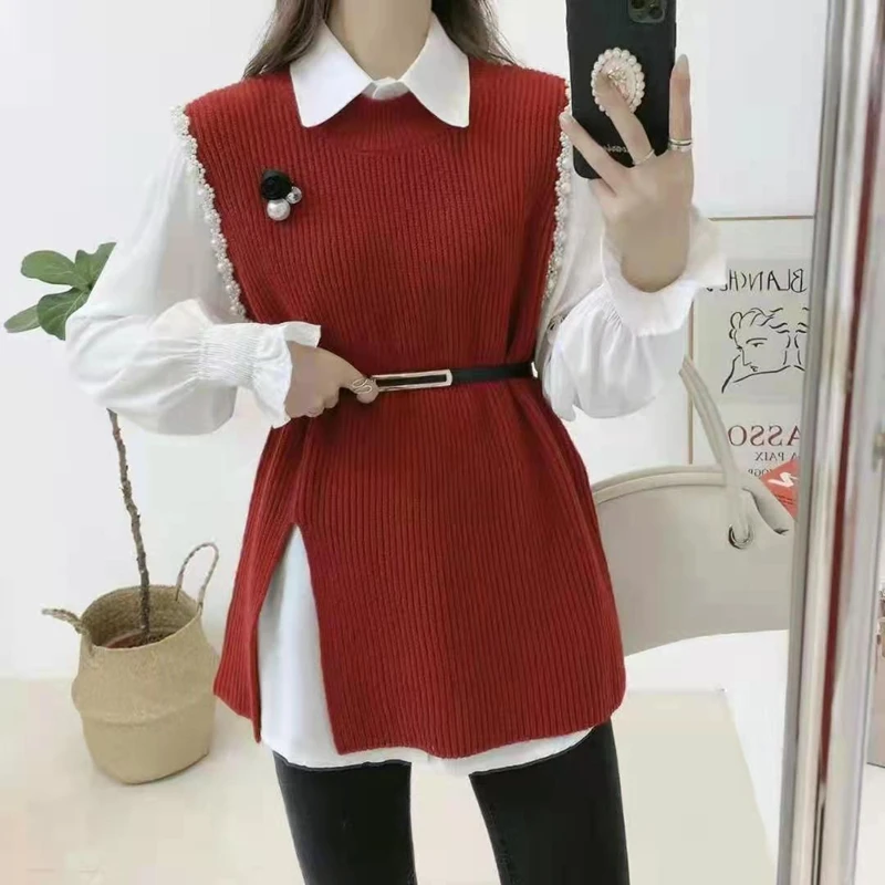 Pearl lantern shirt 2 two piece set women knitted vest 2024 spring autumn womens Long sleeve Shirts sets Sleeveless Sweater tops