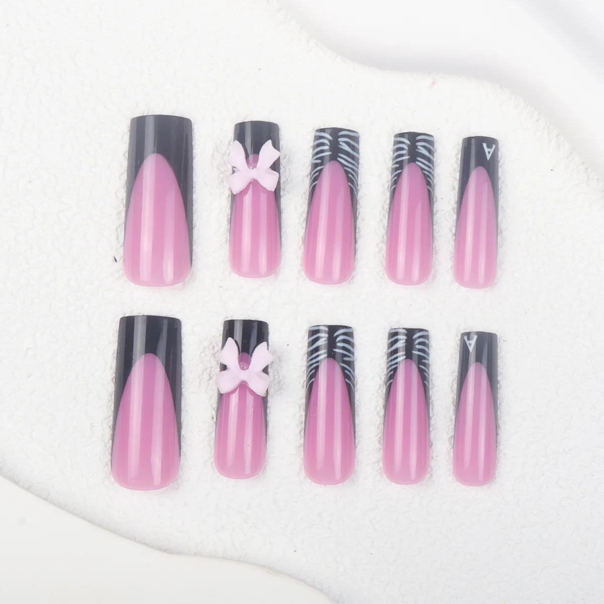24-piece Long Coffin-shaped Black White Zebra-patterned 3D Bowknot Rhinestones Detachable ABS Full Cover False Nails Suitable