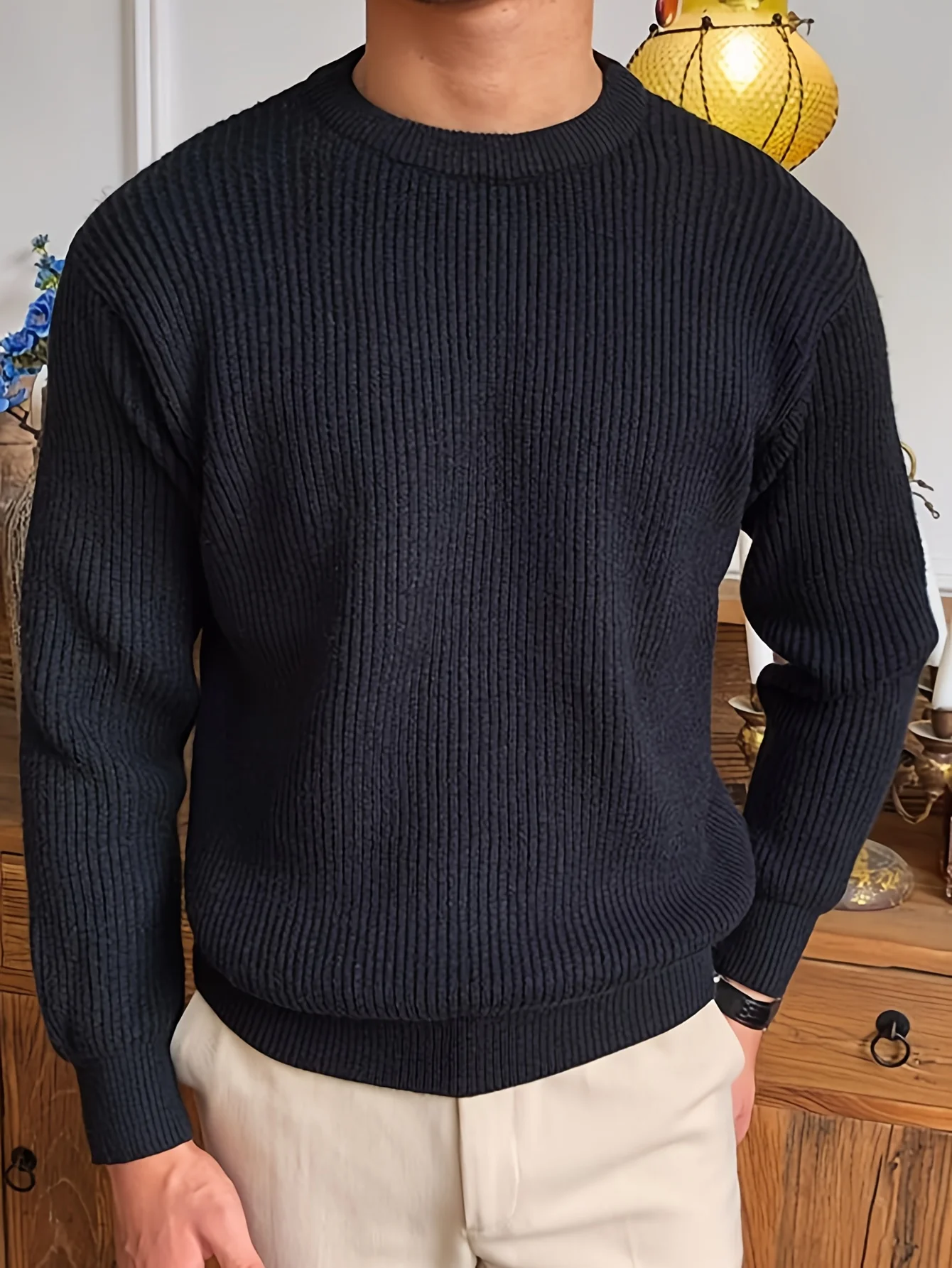 

LVLAEA Ripped Casual Knit Pullover for Men, Fall Winter Long Sleeve Crew Neck Shirt, Vintage Old Money Style Comfortable Top