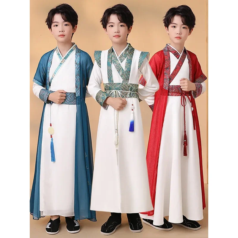 

Мальчики Hanfu, Детские старинные костюмы Tangzhuang, праздничный книжный костюм в китайском стиле, новогодние поздравления, костюмы для выступлений