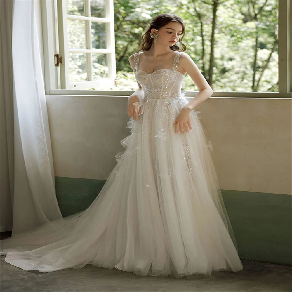 New Elegant Sheer Tulle Wedding Dresses Latest Styles Backless Prom Gowns  Mopping Length Princess Vestidos  Customized 078