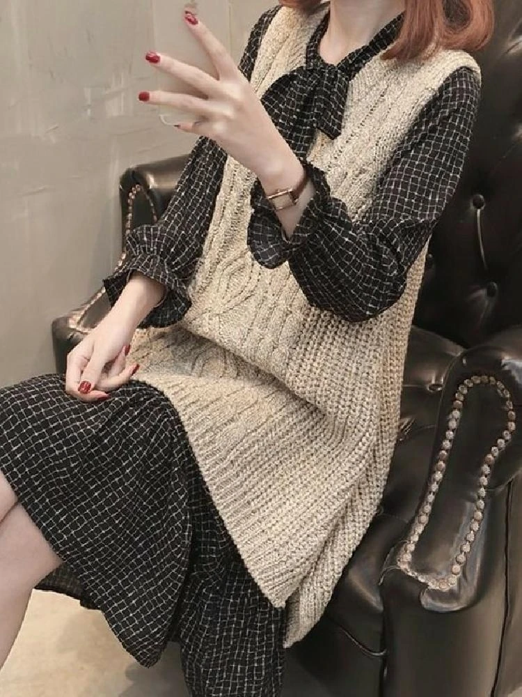 

Женский свободный длинный вязаный жилет и комплект из двух предметов: новинка весна-осень, корейский стиль, однотонный, для повседневной носки