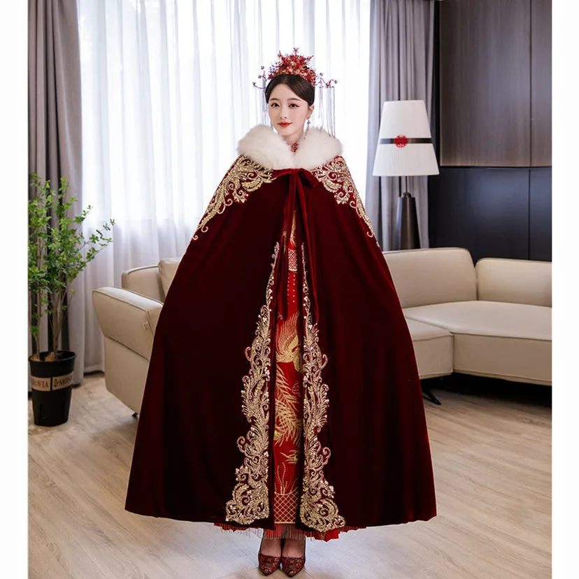 

Mingli Tengda Wine Red Chinese Wedding Bridal Cloak Phoenix Crown Xia Pei Shawl Hefu Hanfu Thickened Warm Wool Long Hooded Shawl