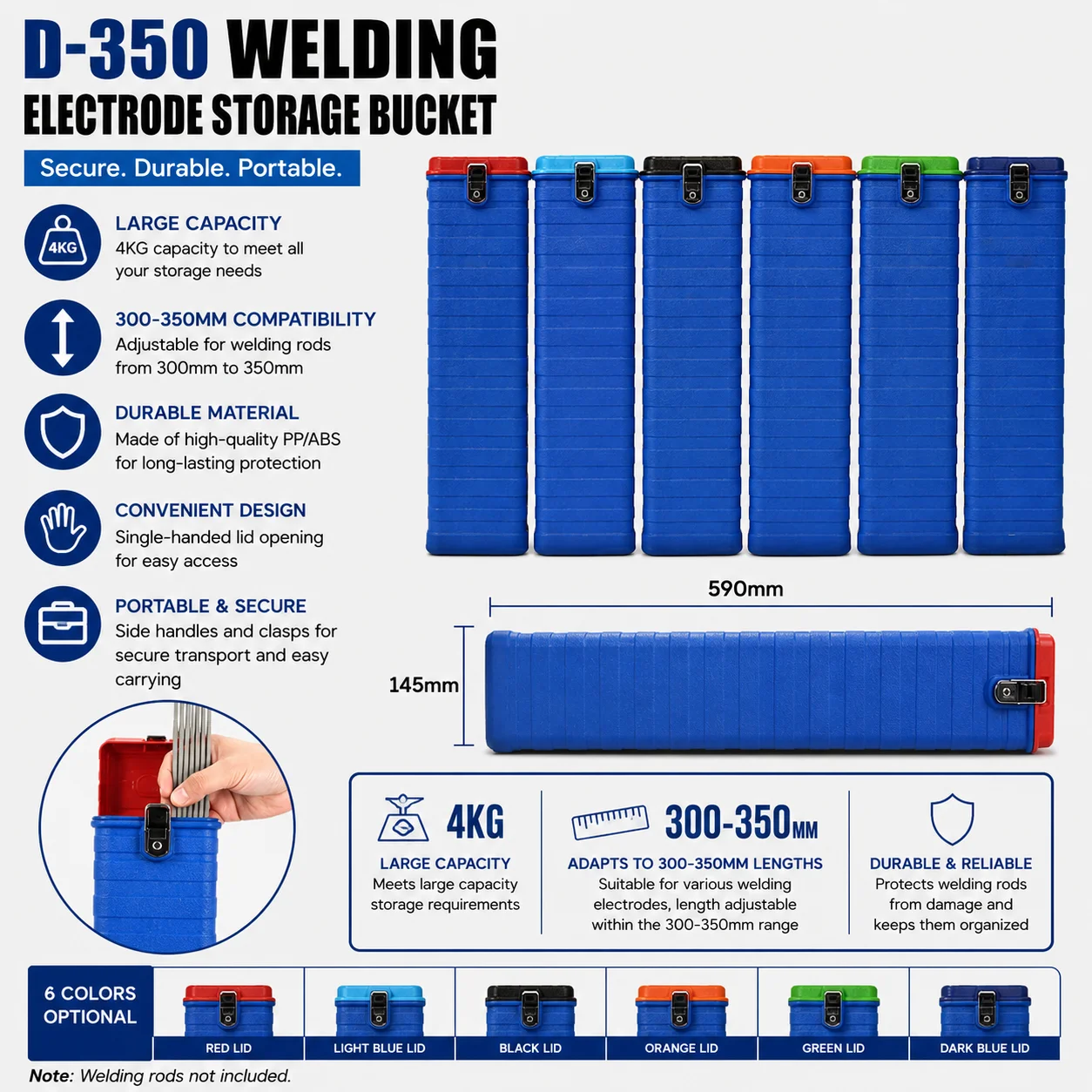 PP/ABS Welding Electrode Storage Bucket With Side Handles And Secure Clasps T Welding Rod Storage Tube For 300-350mm Welding Rod