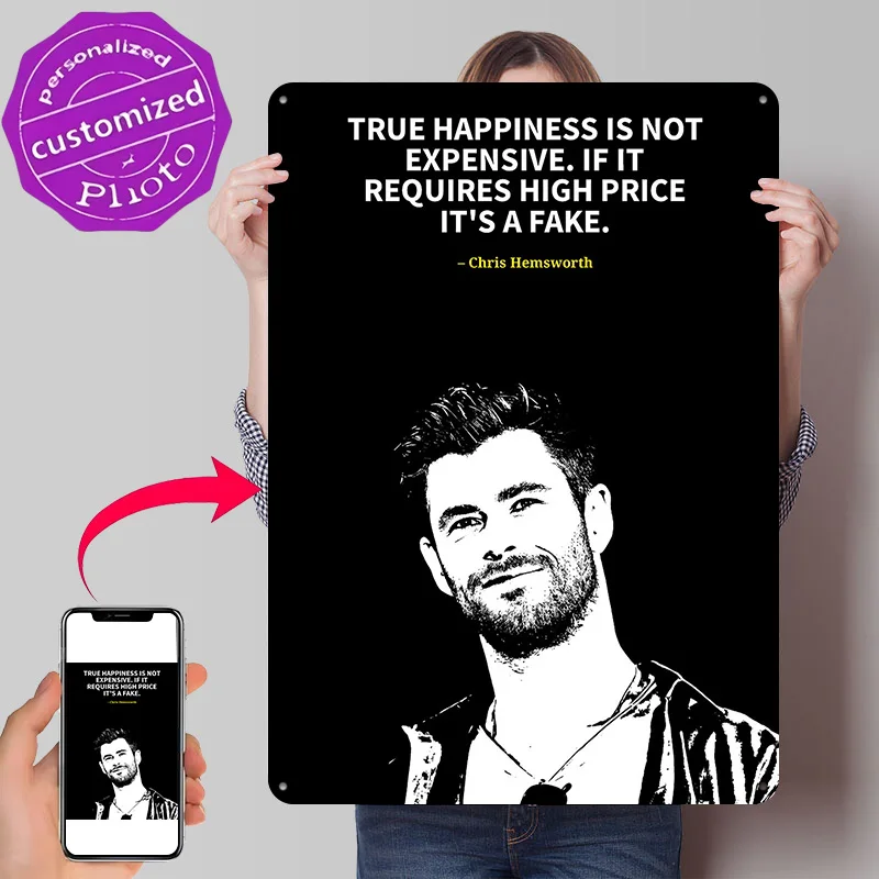 Chris Hemsworth Quote: True Happiness Metal Poster Perfect Gift for Fans Lovers Customized Wall Art Metal Sign for Vintage Decor