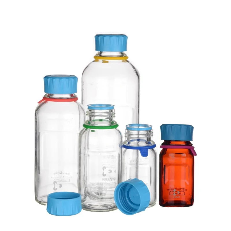 Laboratory Bottle (Brown) with screw cap and pouring ring (PP, cyan) with DIN 168-1 thread graduated