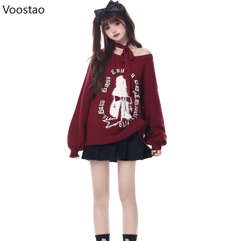 Vintage Rabbit Jacquard Knitted Pullovers Women Y2k Aesthetic Grunge Red Sweater Coat Korean Female Harajuku Loose Knitwear Tops