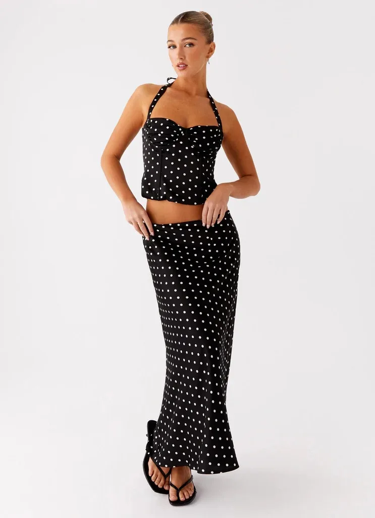 Women 2 Piece Skirt Set Polka Dot Sleeveless Halter Neck Crop Tank Top Maxi Skirt Summer Sets for Women Elegant Two Piece Skirt